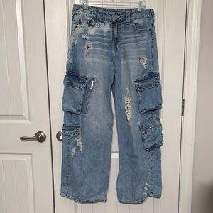 True Religion Light Blue Distressed Wide Leg Jeans